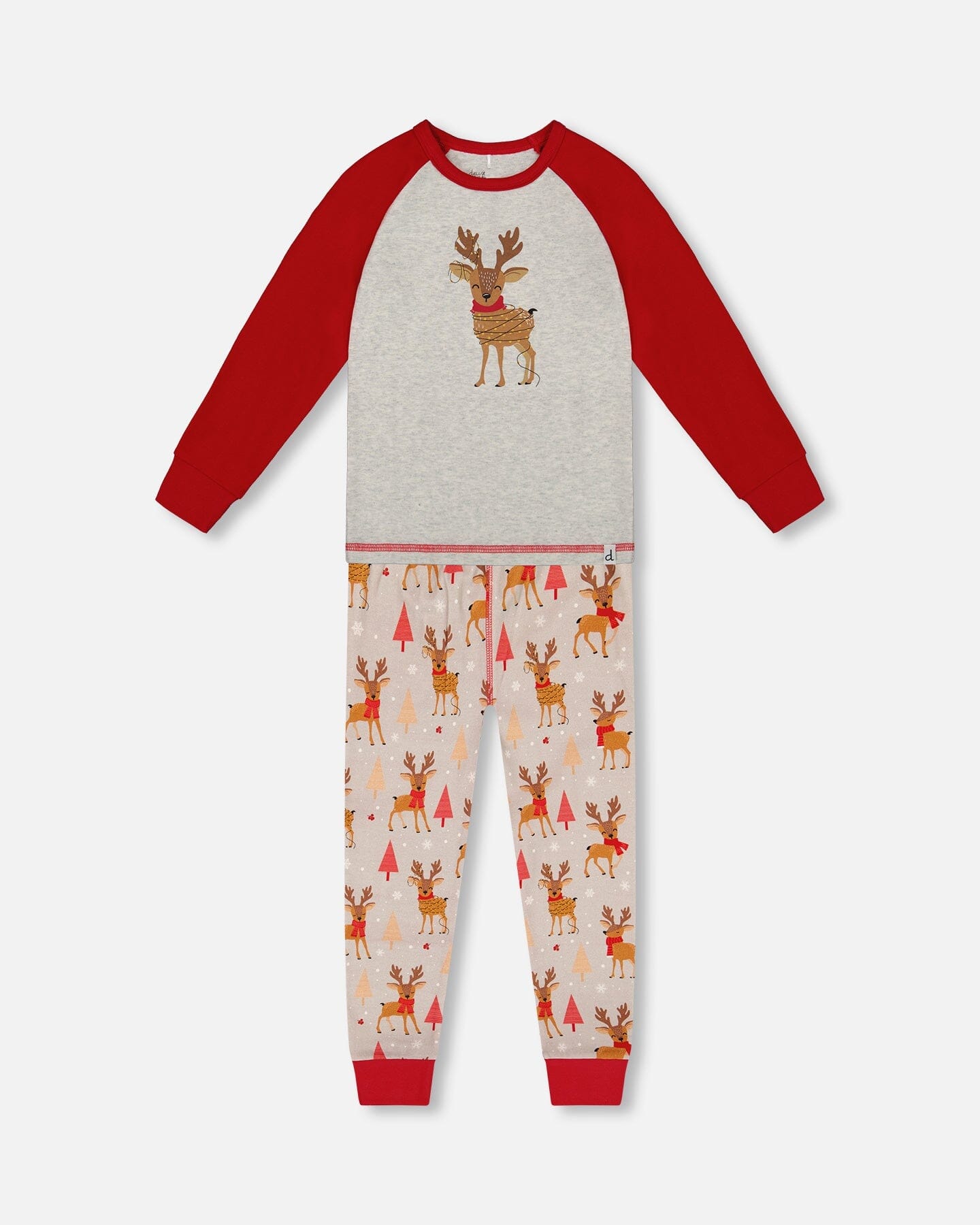 Two-Piece Organic Cotton Pajama Set Beige Reindeer Print-0