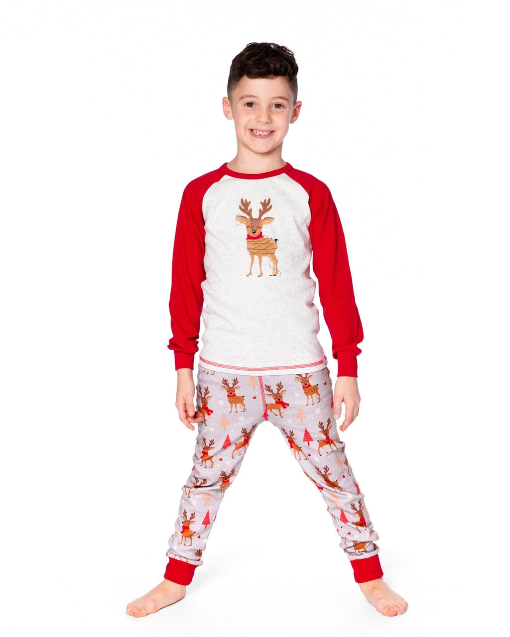 Two-Piece Organic Cotton Pajama Set Beige Reindeer Print-1