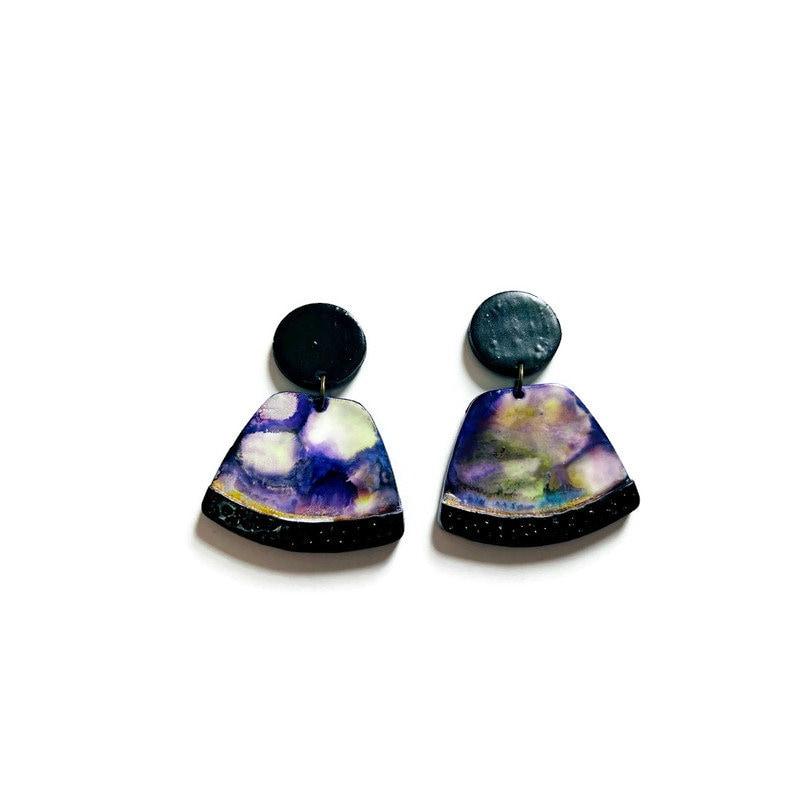 Hand Painted Clip On Earrings in Purple Silver Black-0