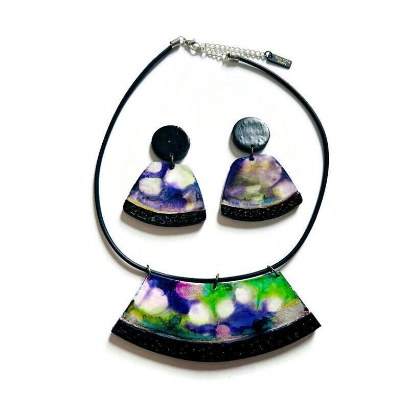 Hand Painted Clip On Earrings in Purple Silver Black-3